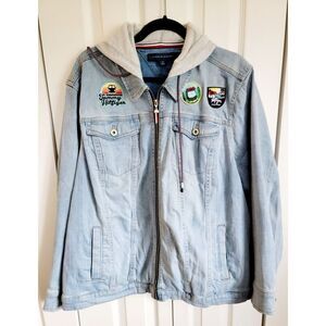 Tommy Hilfiger 2X Hoodie Women‎ Full Zip Denim Jacket Patches Acid Wash